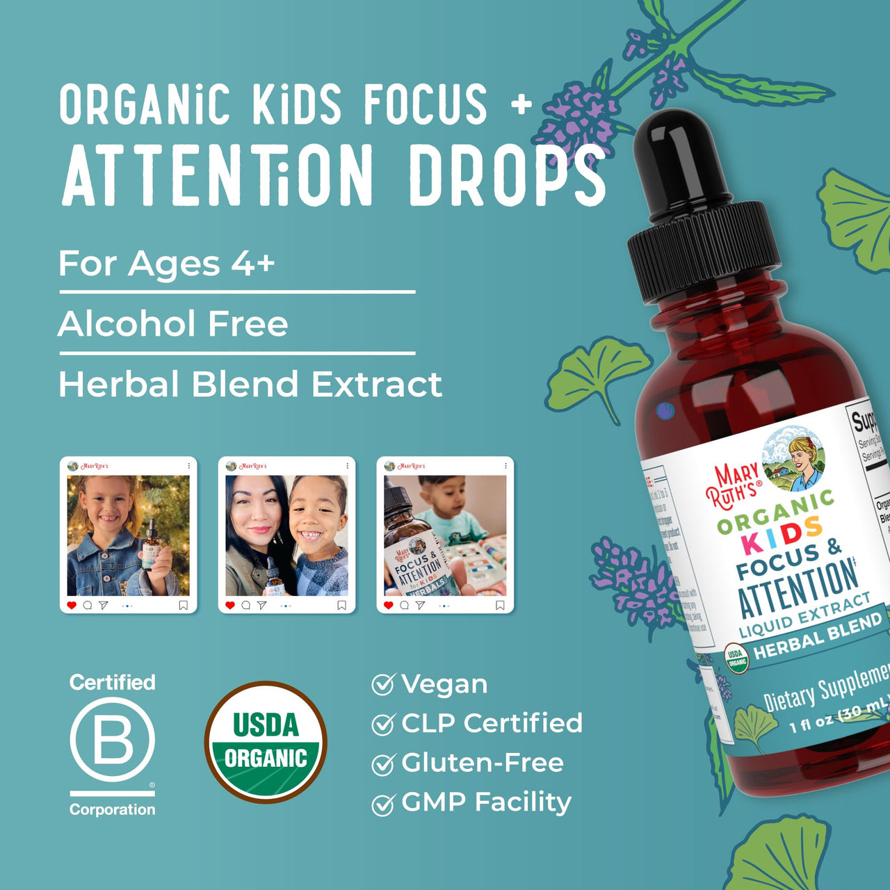 MaryRuth Organics Kids Focus & Attention Drops | USDA Organic Drops | Ginkgo Biloba | Rhodiola Root & Licorice Root | Adaptogenic | Calm | Vegan | Non-GMO | Gluten Free | 30 Servings
