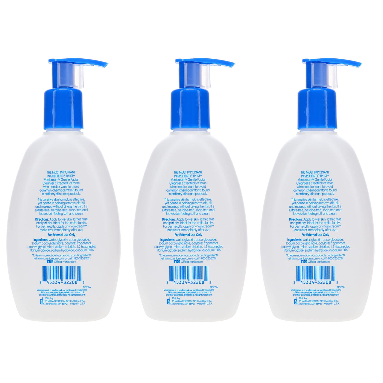Vanicream Gentle Facial Cleanser for Sensitive Skin, 8 Oz (Pack of 3), Unscented, 24 Fl Oz
