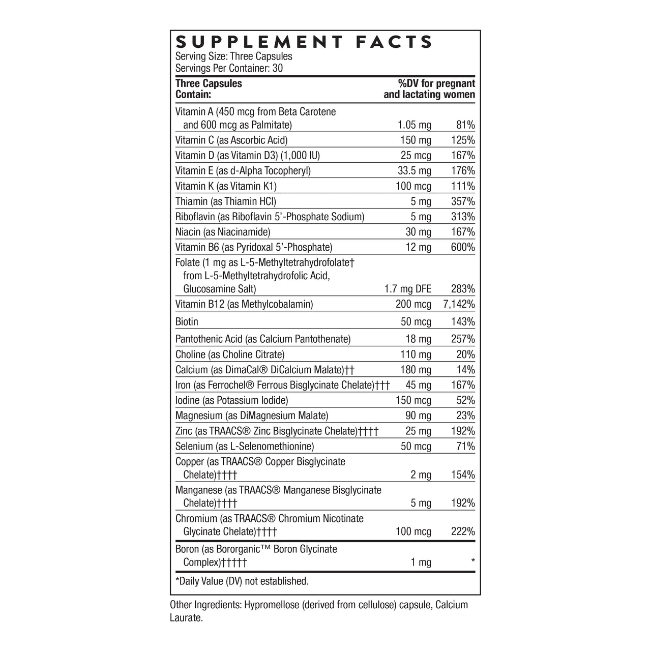 THORNE - Basic Prenatal - Well-Researched Folate Multi for Pregnant & Nursing Women - Includes 18 Vitamins & Minerals, Plus Choline - Third-Party Certified - Gluten, Dairy & Soy-Free - 30 Servings