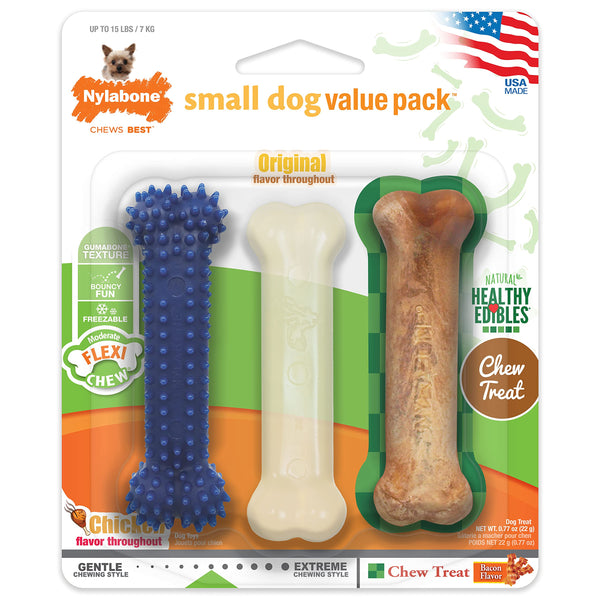 Nylabone Original Bone Flexi Chew Toy for Dogs, Dog Toys for Moderate Chewers, Dog Chew Bones, Chicken & Original Flavor, For X-Small Dogs - Up to 15 lbs, 3 Pack