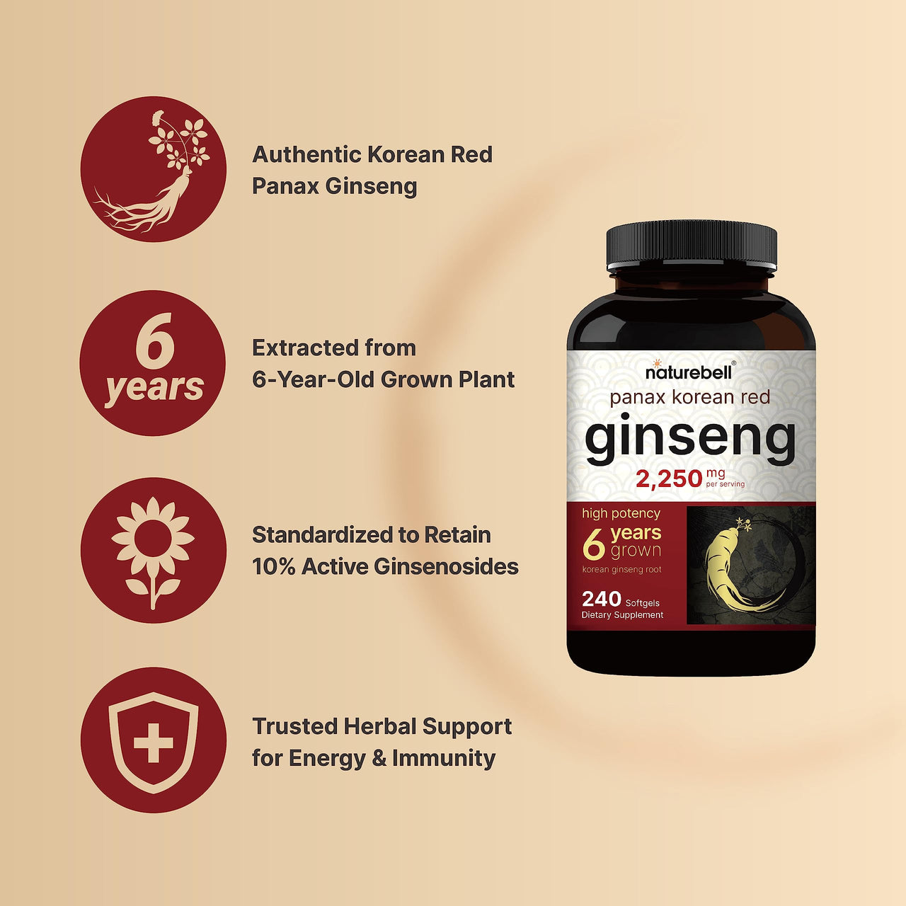 NatureBell Korean Red Ginseng 2,250mg Per Serving, 240 Softgels | Panax Ginseng Root, Standardized to 10% Ginsenosides, Non-GMO, Support Energy, Male Performance, & Immune System