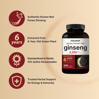 Thumbnail for NatureBell Korean Red Ginseng 2,250mg Per Serving, 240 Softgels | Panax Ginseng Root, Standardized to 10% Ginsenosides, Non-GMO, Support Energy, Male Performance, & Immune System