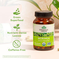 Thumbnail for ORGANIC INDIA Moringa Herbal Supplement - Green Superfood, Nutrient Dense, Pure Plant Protein, Vitamin A, E, K, Iron, Calcium, Fiber, Vegan, Gluten-Free, USDA Certified Organic - 90 Capsules