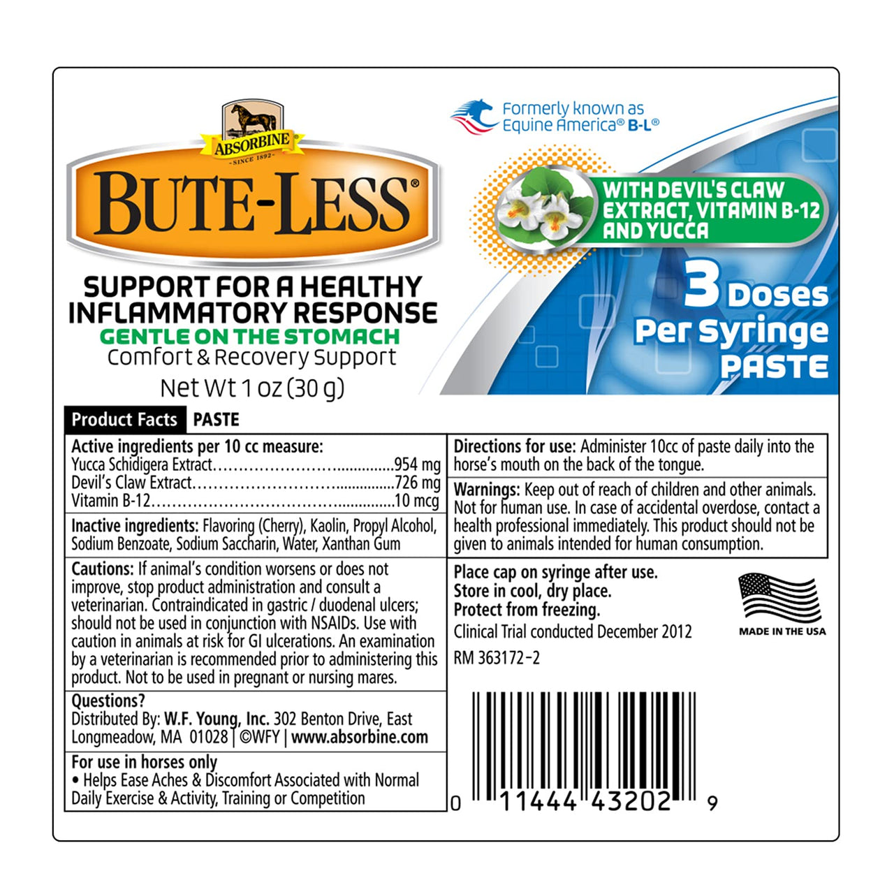 Absorbine Bute-Less Long-Term Horse Comfort & Recovery Supplement Paste, Gentle on Stomach, Devil’s Claw, Vitamin B-12, Yucca, 1oz Syringe / 3 Doses