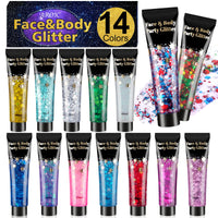 Thumbnail for AROIC 14 Colors Body Glitter, St Patricks Day Face & Hair Glitter Gel Set, Eye Shimmer for Women Glow in the Dark Rave Accessories Party Supplies, Face Paint Hair/Cheek/Eyelid Sparkle Makeup-18ml/Tube