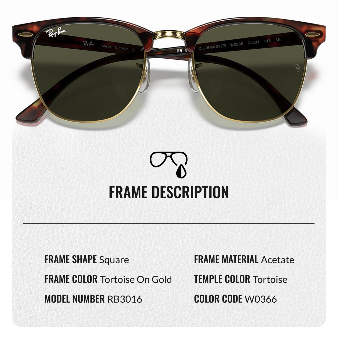 Ray-Ban RB3016 Clubmaster Classic Square Shape Sunglasses With Eyewear Kit Bundle - High Bridge Fit - Ideal Formal and Casual Wear Square Sunglasses