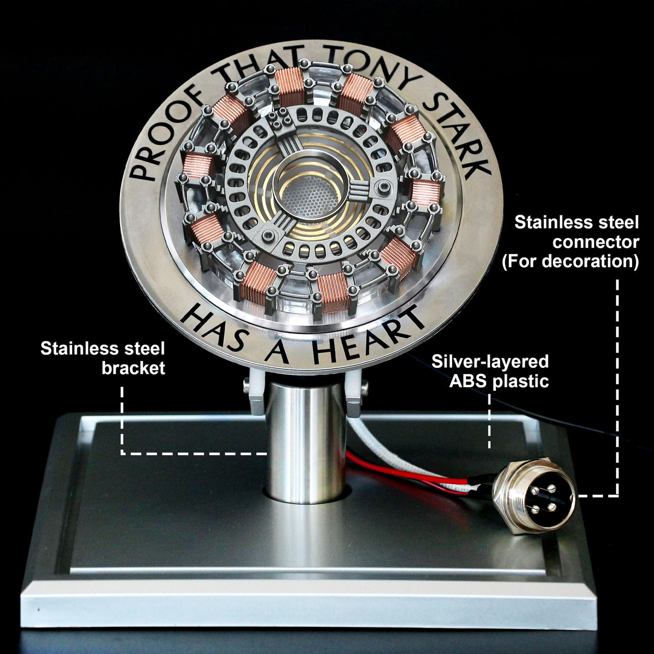 Arc Reactor 1:1 Ratio Vibration Sensing LED Light USB Connection with Display Case for Collections, has a heart