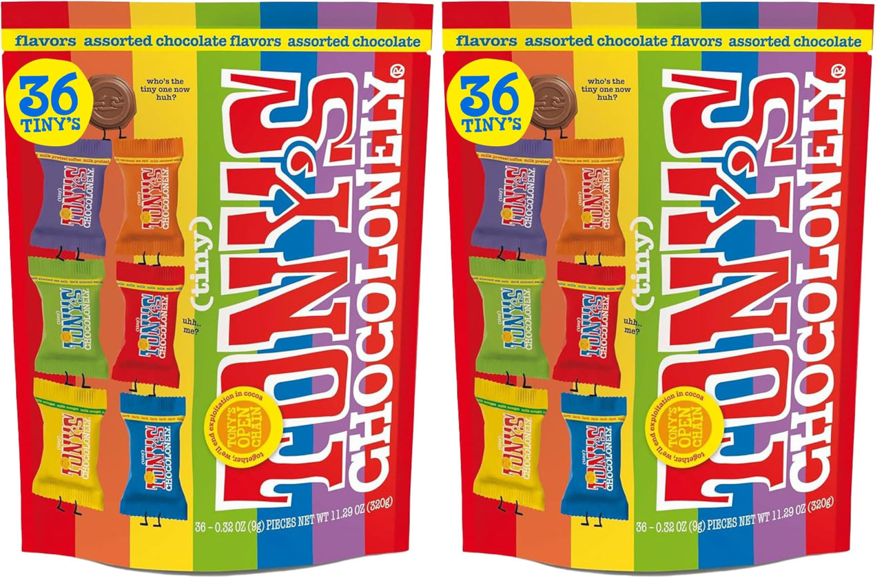 Tony’s Chocolonely Assorted Chocolate Candy Pieces,Belgian Milk & Dark Chocolate,CaramelSeaSalt,Almond Sea Salt,Honey Almond Nougat,Pretzel Toffee,QualityFairtradeCocoa,36 Count,11.28 Oz(Pack of 2)