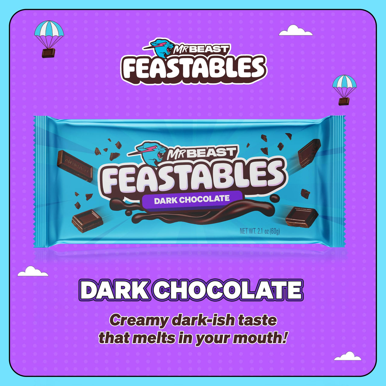 MrBeast Feastables Original Dark Chocolate Bar, King Size, 10 Count, Rich Dark Chocolate Candy, Fairtrade Cocoa, 2.1oz Each