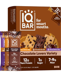 Thumbnail for IQBAR Clean Plant Protein Bars - Chocolate Lovers Variety - 12 Count - Keto, Vegan, High Fiber, Gluten and Dairy Free, Low Sugar Snack - Brain and Body Nutrients for Focus, Energy, Meal Replacement