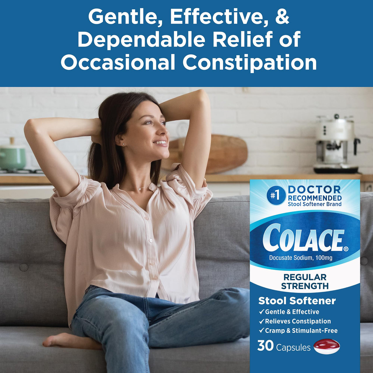 Colace Stool Softener 100 mg, 30 Capsules, Constipation Relief, Docusate Sodium, Gentle Docusate, Stimulant-Free, Regular Strength, #1 Doctor Recommended Stool Softener Brand