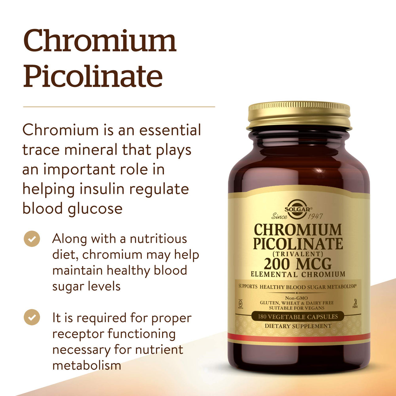 Solgar Chromium Picolinate 200 mcg, 180 Vegetable Capsules - Supports Healthy Blood Sugar Metabolism - Non-GMO, Vegan, Gluten Free, Dairy Free, Kosher - 180 Servings