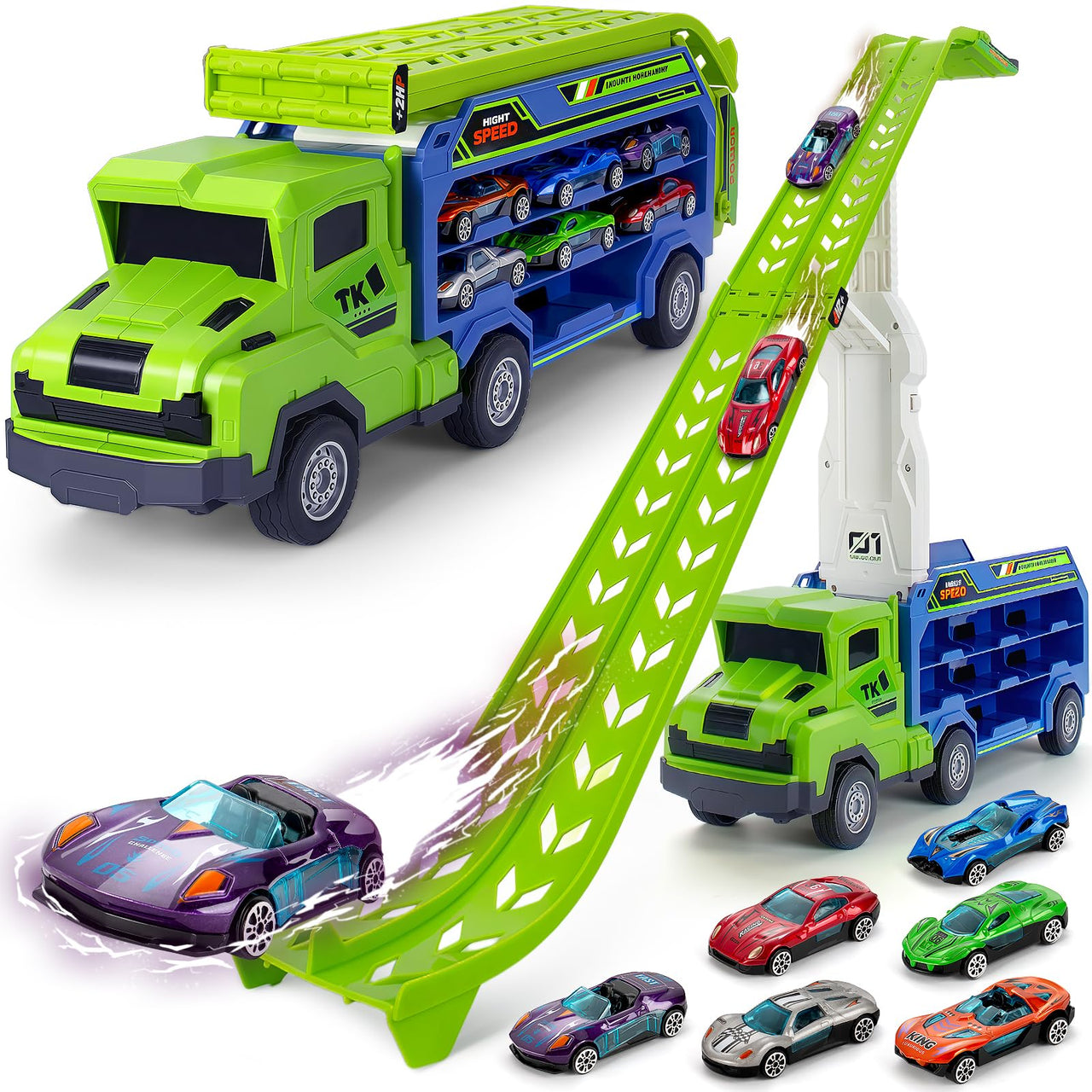 BainGesk Truck Toys Car for 3, 4, 5, 6 Years Old Boys, Carrier Race Truck Toys, Foldable 2 Layer Transport Car Toys with 27 in Race Track and 6 Metal Cars, Birthday Gifts for Toddler Boys Girls