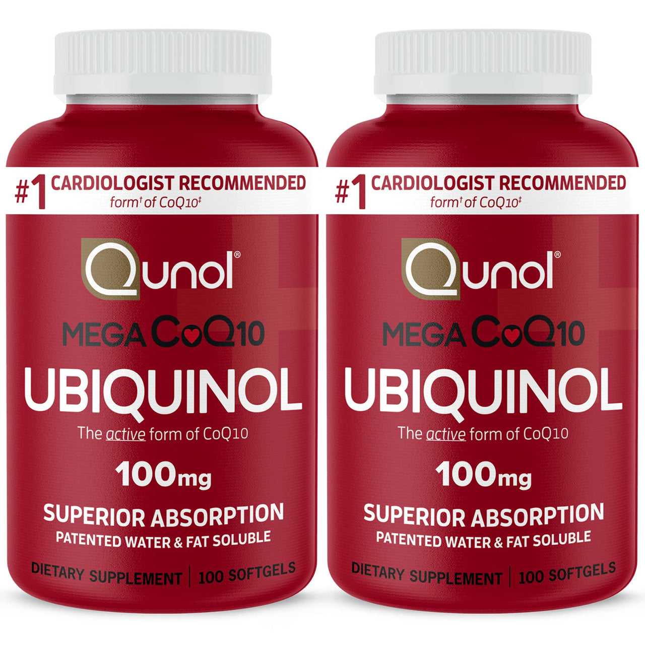 Qunol Mega Ubiquinol CoQ10 100mg, Superior Absorption, Patented Water and Fat Soluble Form of Coenzyme Q10, Natural Supplement Antioxidant for Heart Health, 100 Count, Pack of 2 (11211-SEG100)