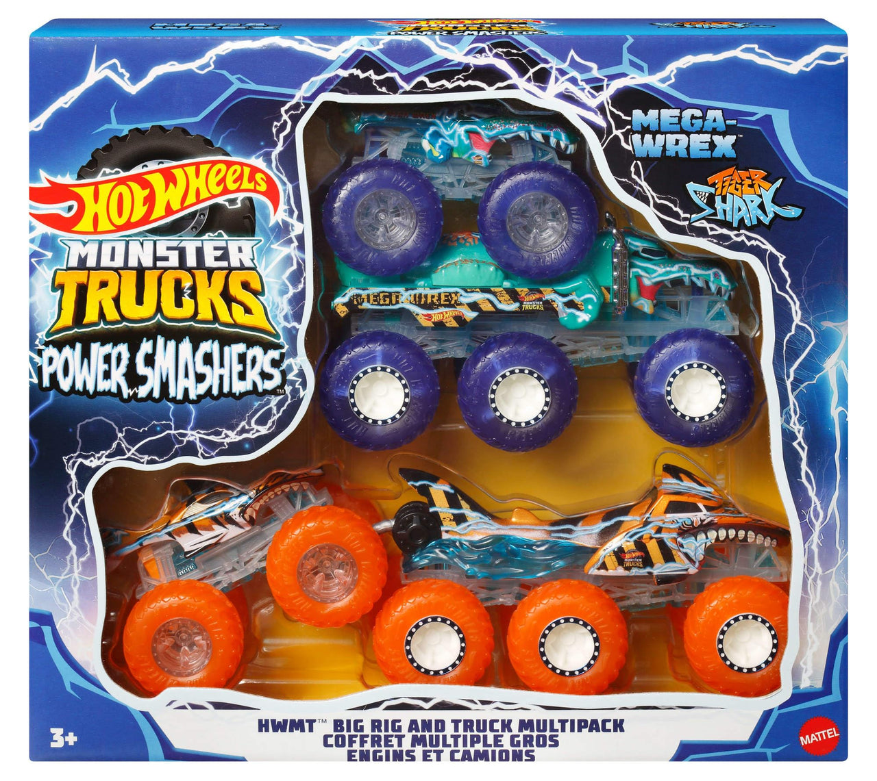 Hot Wheels Monster Trucks Multipack, 1:64 Scale Mega-Wrex & Tiger Shark Toy Trucks with Big Rigs in Matching Power Smashers Deco