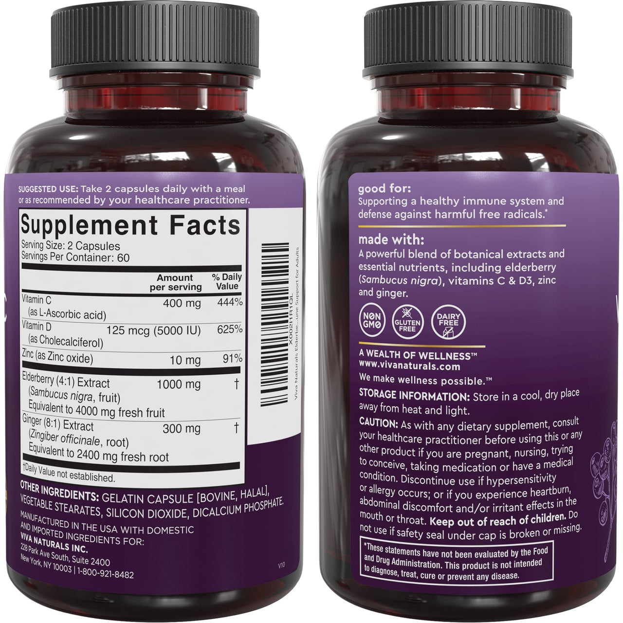 Viva Naturals Elderberry with Vitamin C and Zinc for Adults - 5 in 1 Sambucus Black Elderberry Capsules with Vitamin D3 5000 IU Immunity Supplement, Sambucus Elderberry Immune Support Supplement