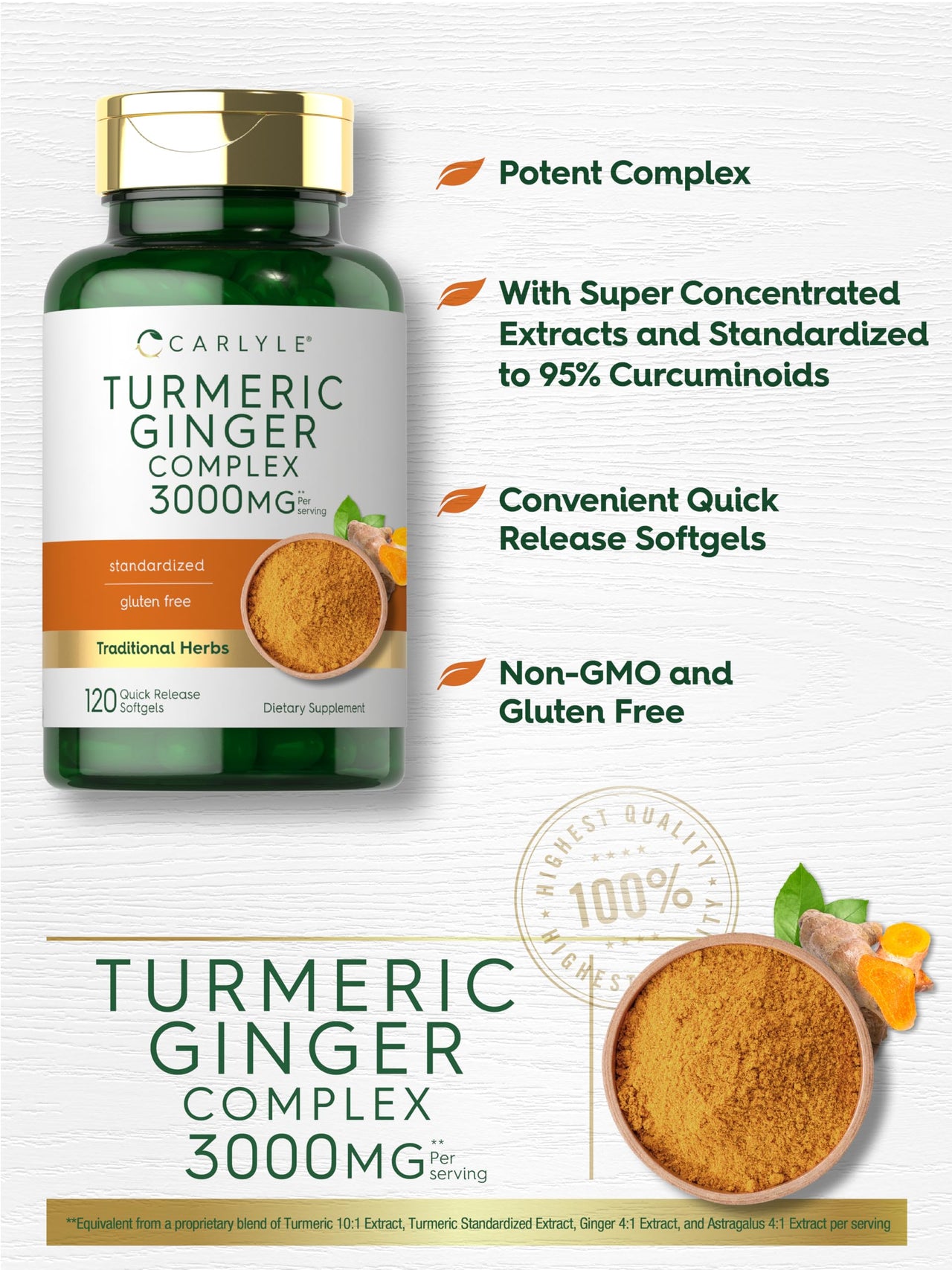 Carlyle Turmeric and Ginger Supplement | 120 Softgel Capsules | Turmeric Curcumin Complex | with Black Pepper Extract | Non-GMO, Gluten Free