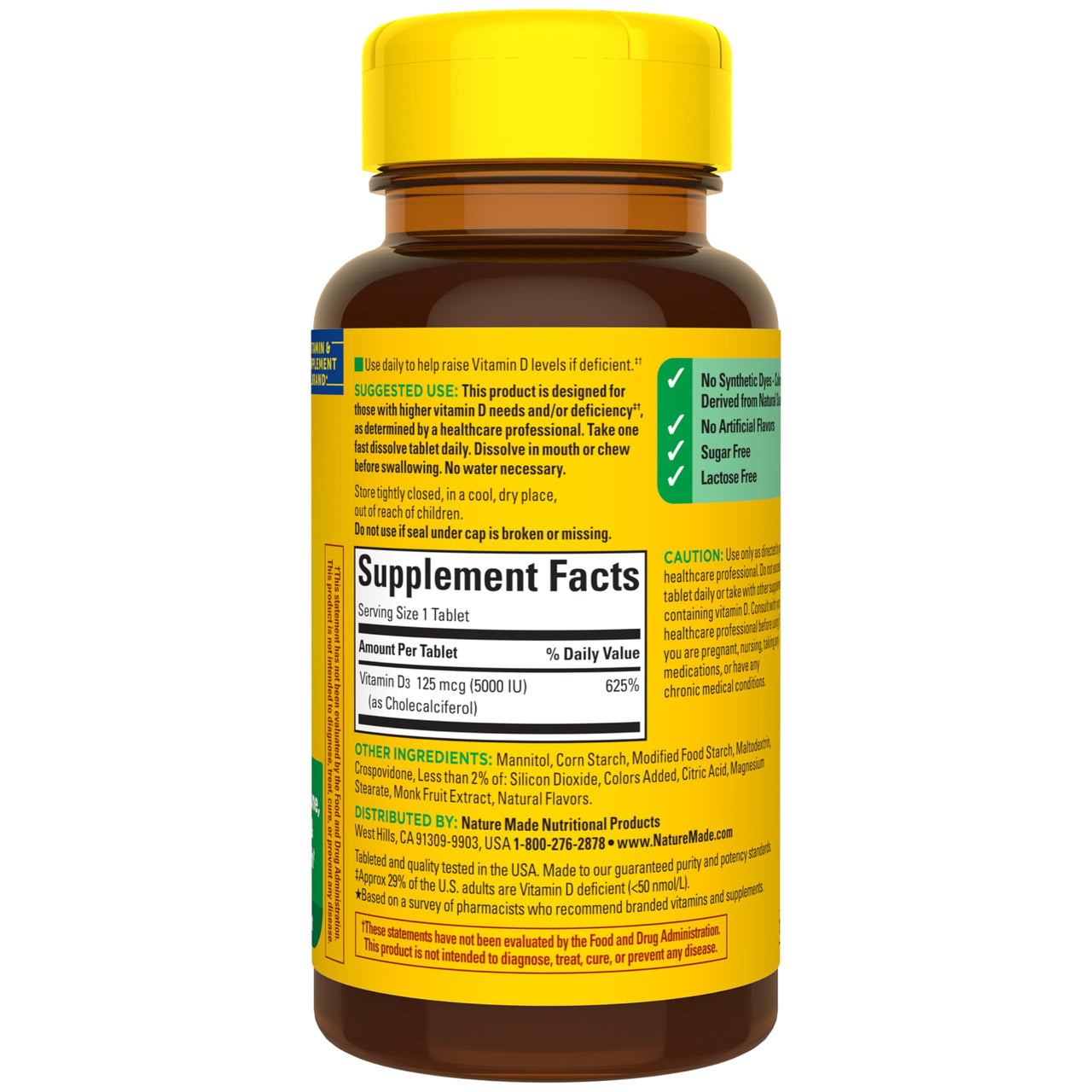 Nature Made Vitamin D3 5000 IU (125 mcg) Extra Strength, Vitamin D Supplement for Immune Support, 70 Sugar Free Fast Dissolve Tablets, 70 Day Supply