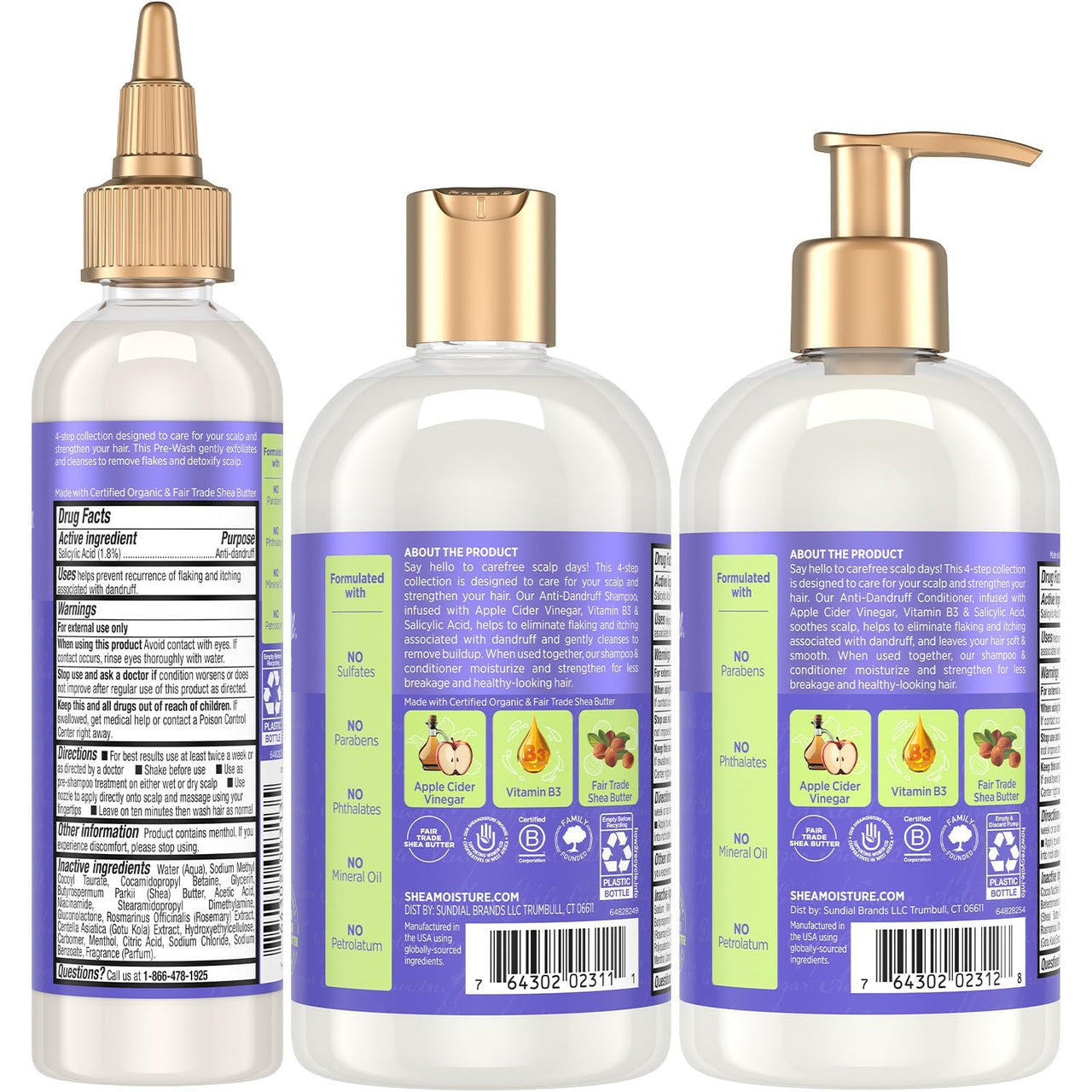 SheaMoisture Anti-Dandruff Shampoo & Conditioner + Pre-Wash – Apple Cider Vinegar, Shea Butter, 3% Salicylic Acid for Flakes & Itchy Scalp