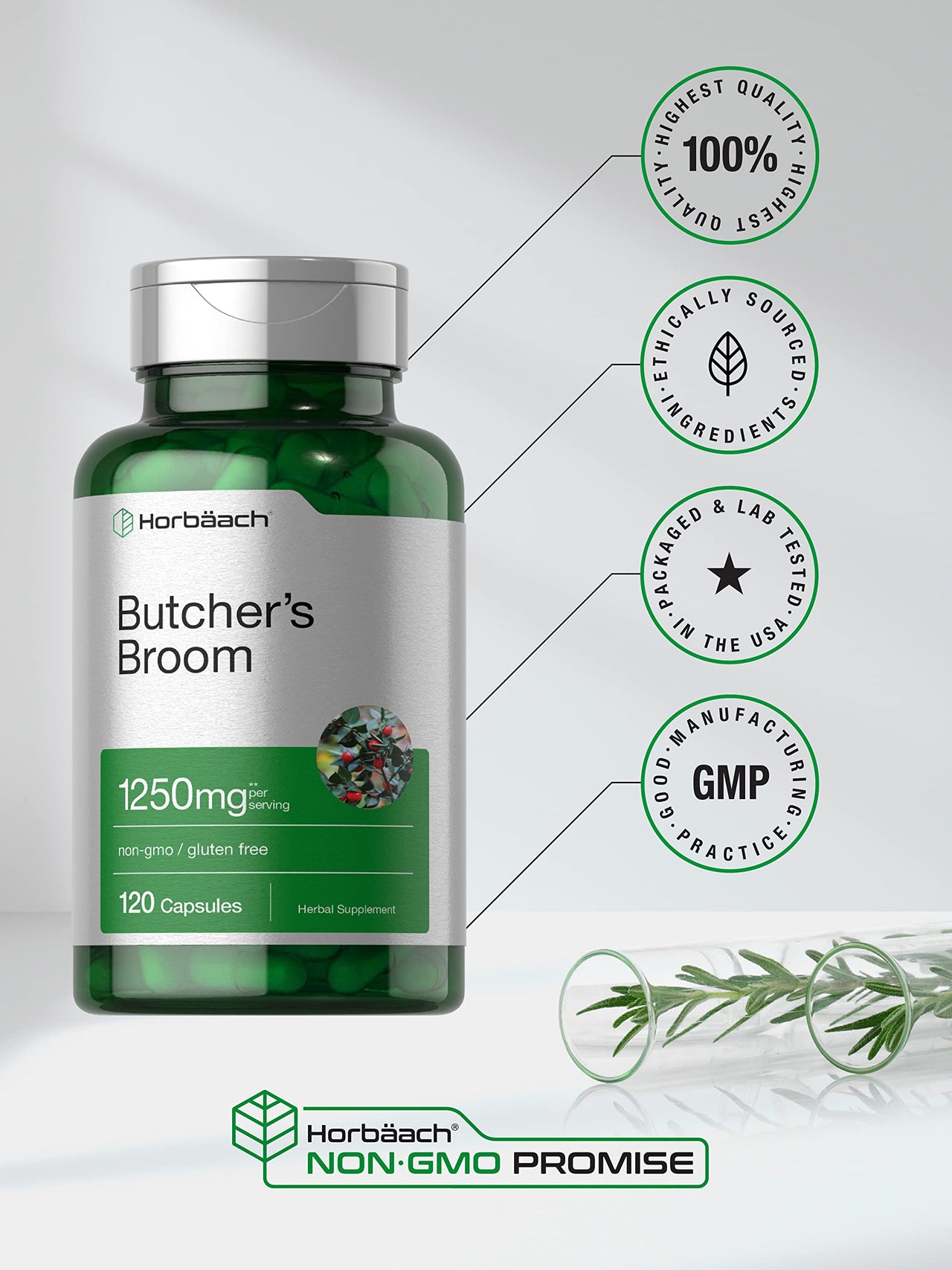 Horbaach Butchers Broom Capsules | 120 Count | Non-GMO, Gluten Free | Traditional Herb Root Extract Supplement