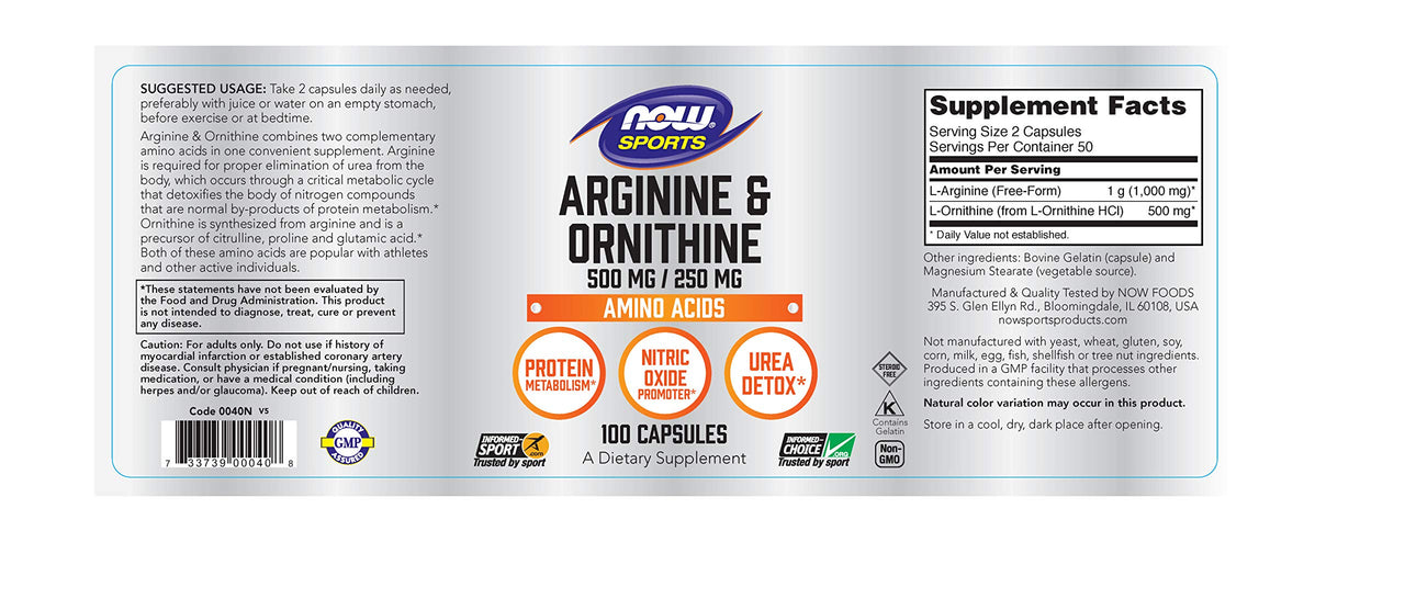 Arginine Ornithine Now Foods 100 Caps