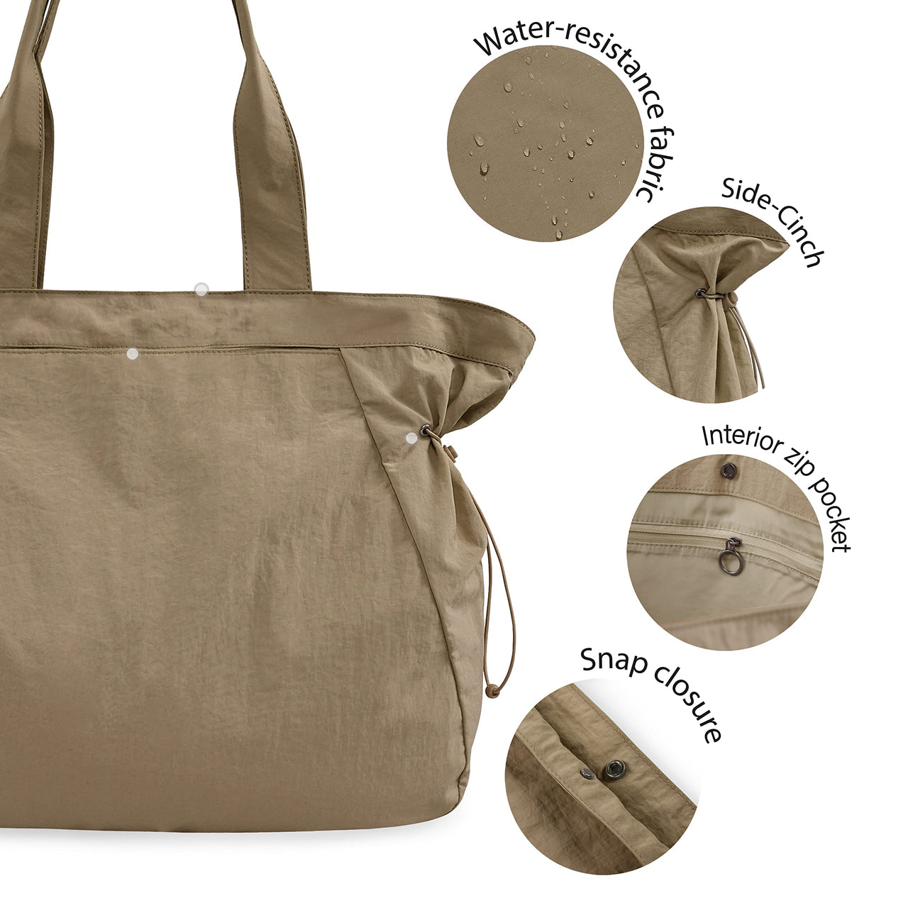 ODODOS 18L Side-Cinch Shopper Bags Lightweight Shoulder Bag Tote Handbag for Shopping Workout Beach Travel, Brown