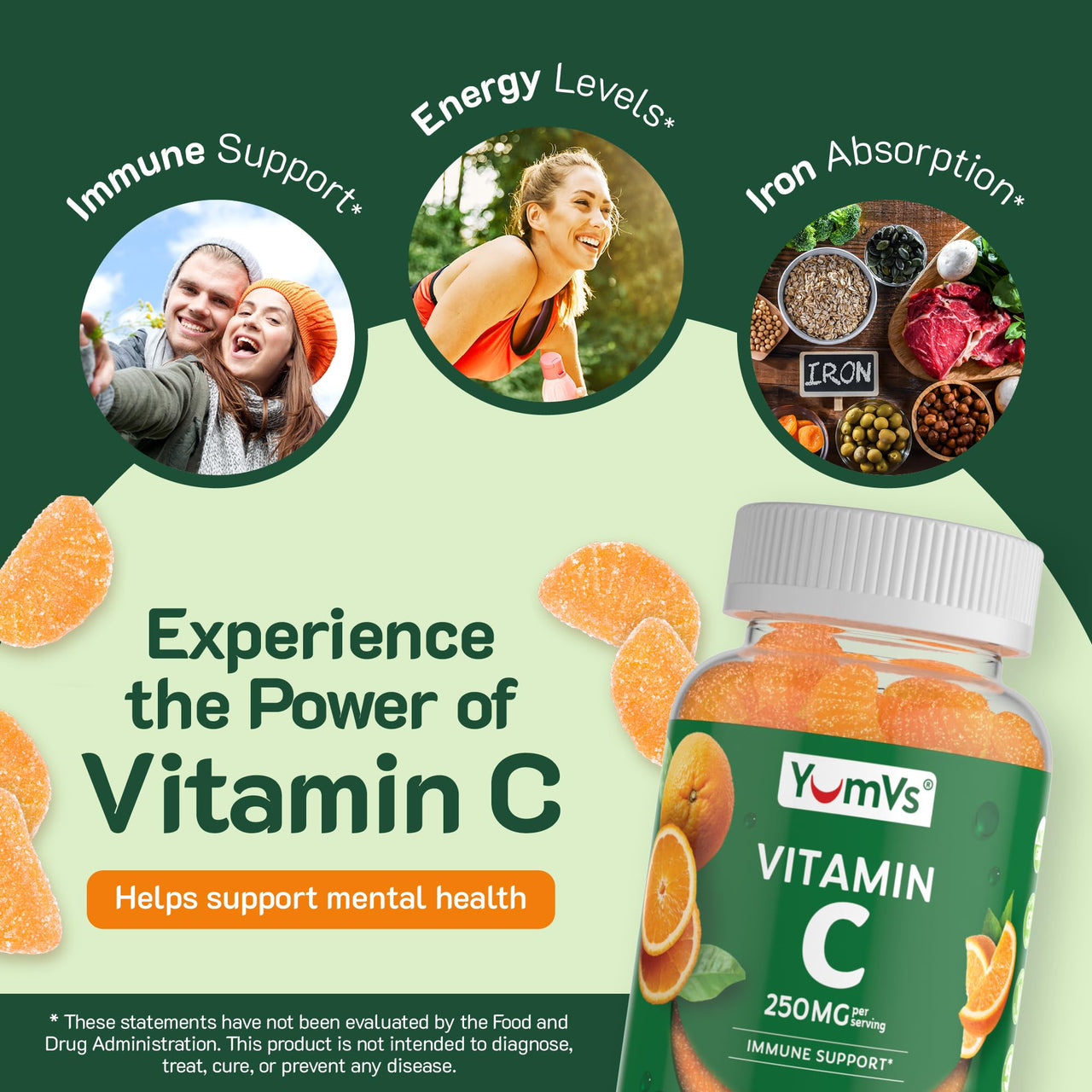 YUM-V'S Vitamin C Gummies for Adults - 250 mg Yummy Vitamin C Gummy - VIT C Gummies - Immune Support Supplement -Orange Flavored Kosher, Halal, Gluten Free (100 Count)