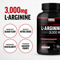Thumbnail for Force Factor L-Arginine Nitric Oxide Supplement with BioPerine to Help Build Muscle and Support Stronger Blood Flow, Circulation, Nutrient Delivery, and Pumps, L-Arginine 3000mg, 3g, 150 Capsules