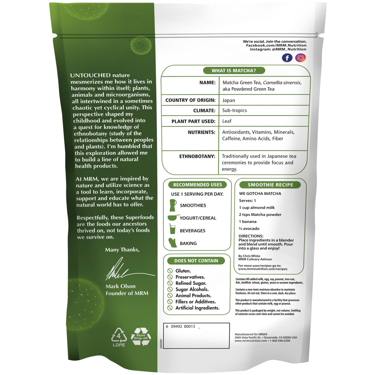 MRM Nutrition Superfoods Matcha Green Tea Powder - Grown In Japan, Superfood Powder for Matcha Lattes, Smoothies & Baking -Vegan, Gluten-Free and Non-GMO verified - 42 Servings