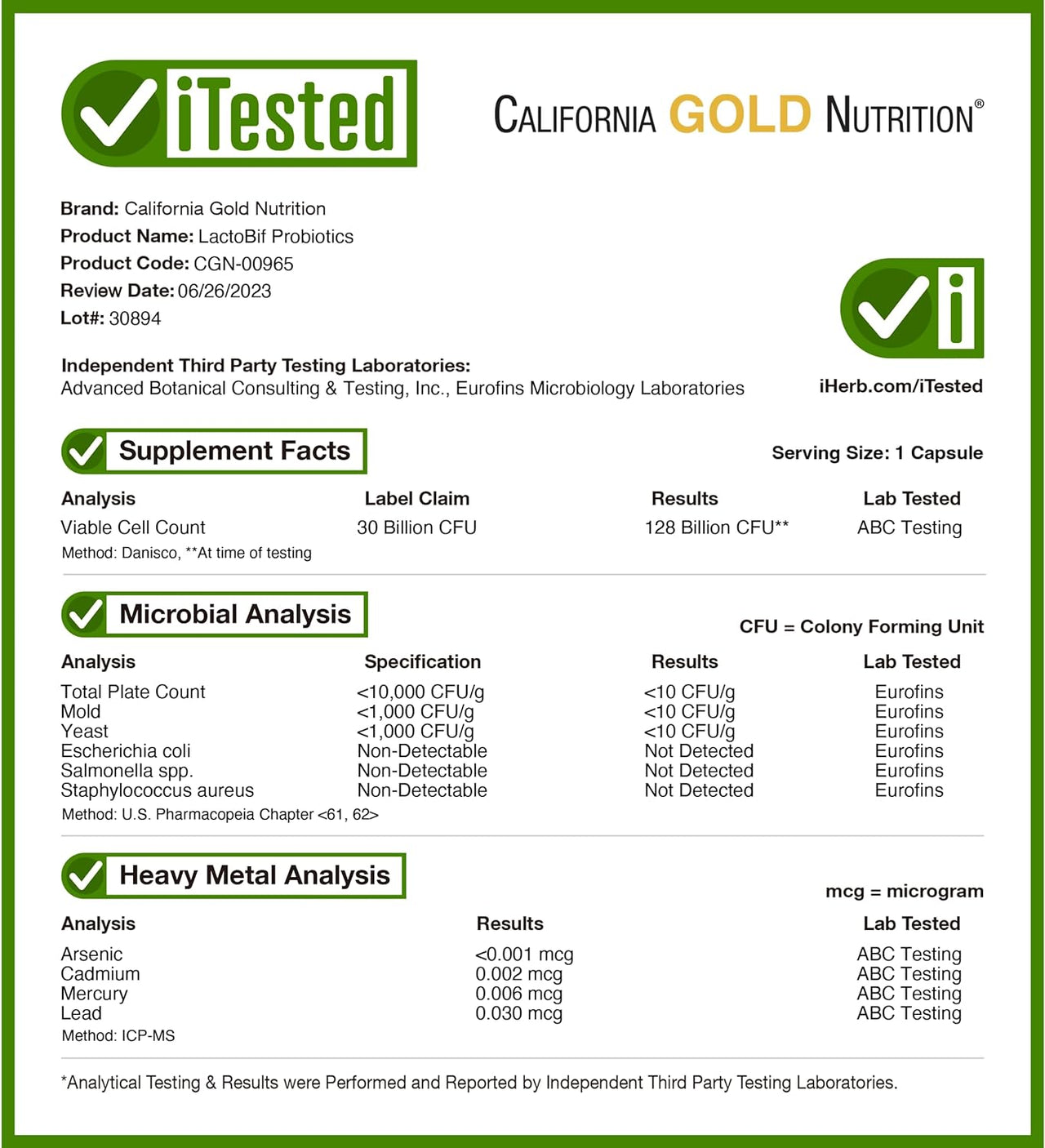 California Gold Nutrition, LactoBif 30, 30 Billion CFU, 60 Veggie Capsules