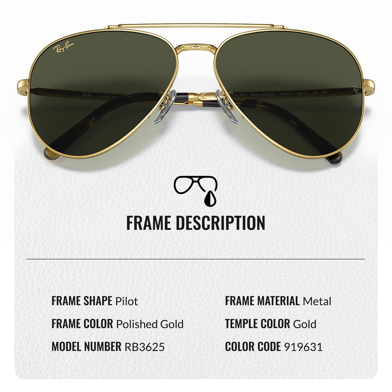 Ray-Ban RB3625 NEW AVIATOR Pilot Shaped Non-Polarized Sunglasses for Men & Women – Includes Official RAYBAN Eyewear Kit – Ideal Formal & Casual Wear Sunglasses – Green Lens