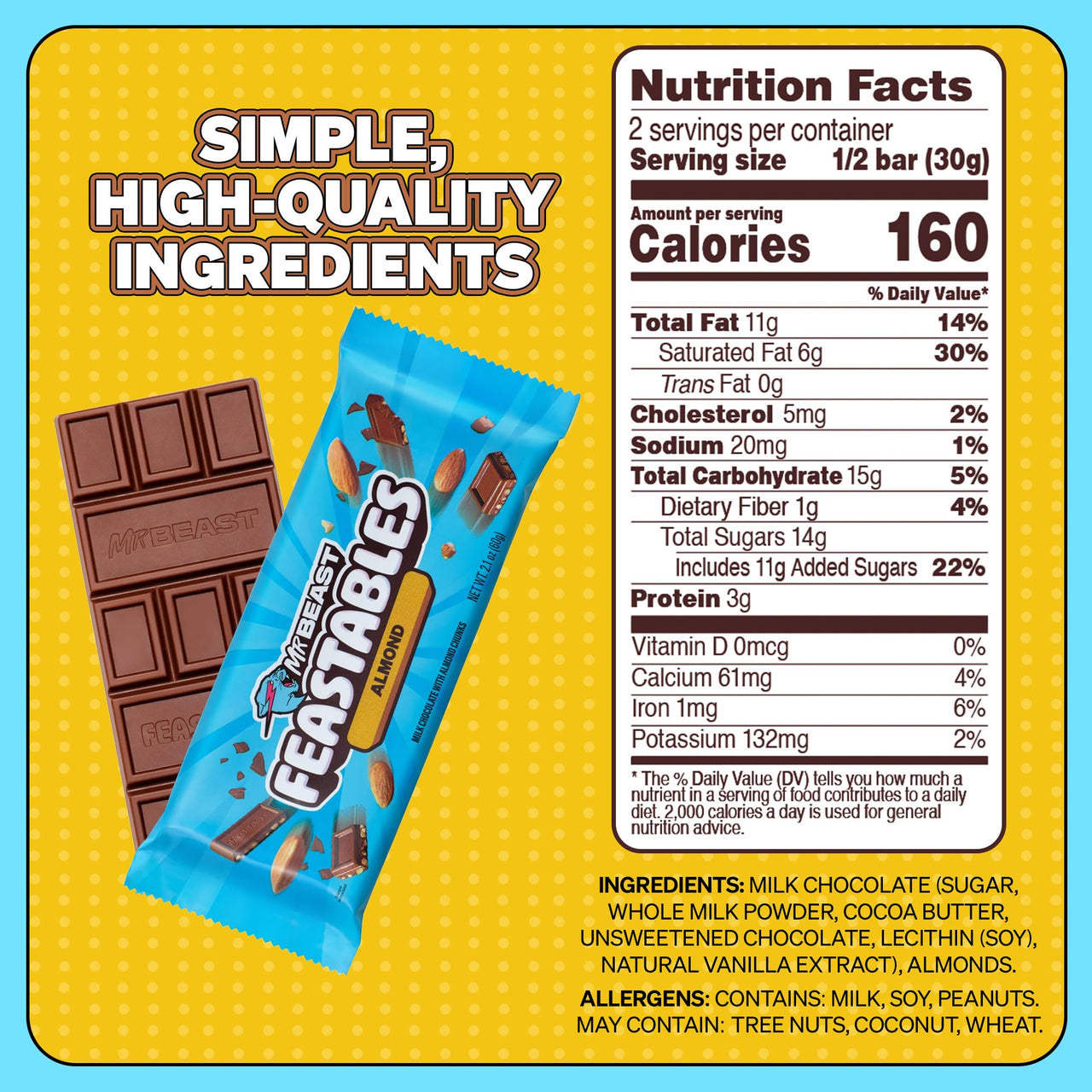 MrBeast Feastables Almond Milk Chocolate Bar, King Size, 10 Count, Roasted Almond Chocolate Candy, Fairtrade Cocoa, 2.1oz Each