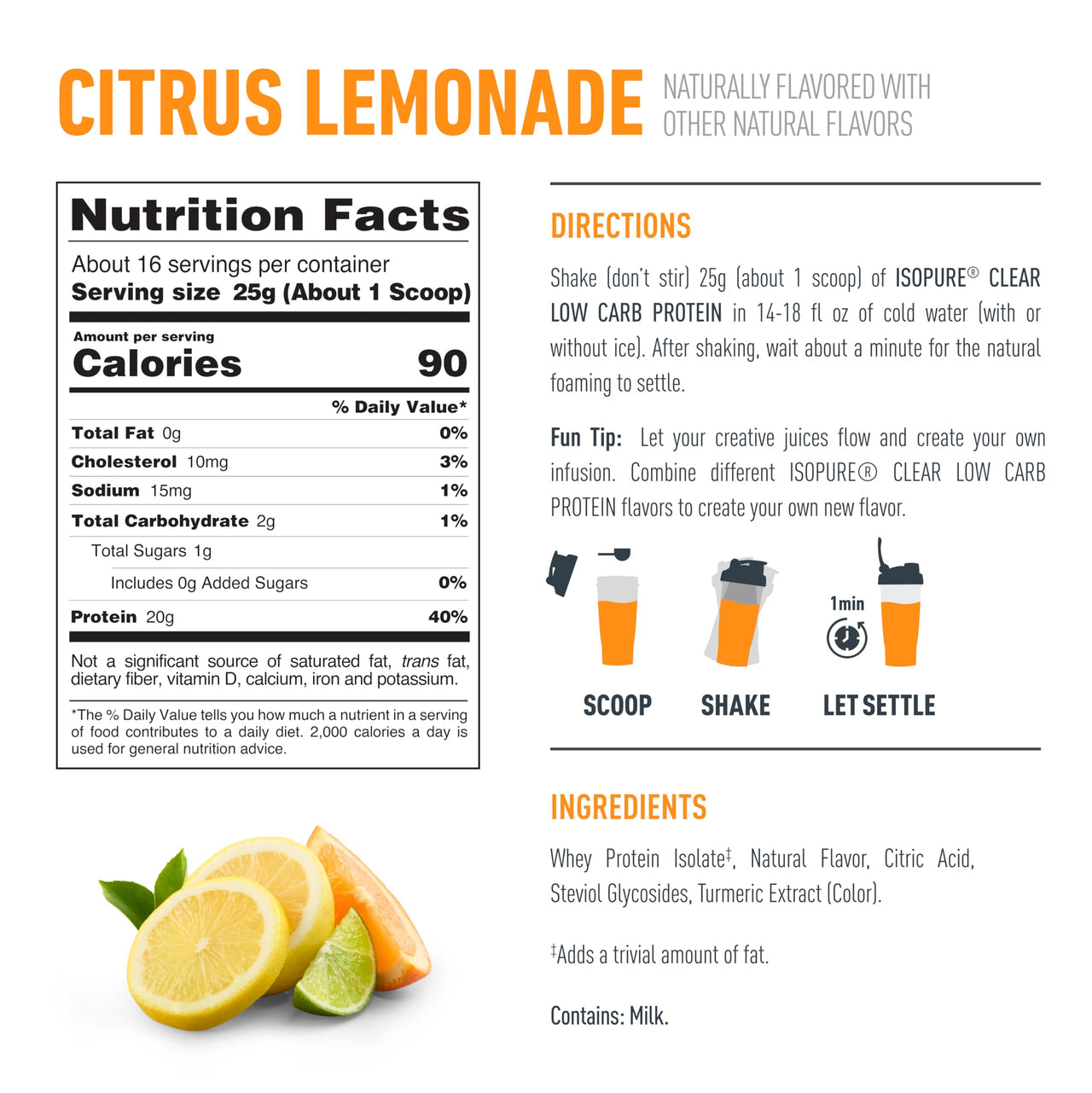 Isopure Clear Whey Isolate Protein Powder, Lactose Free, Gluten Free, Naturally Flavored, Citrus Lemonade, 20g Protein Per Serving, 14.1 Oz, 16 Servings (Packaging May Vary)