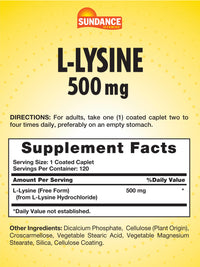 Thumbnail for Sundance L-Lysine 500mg | 120 Caplets | Free Form Amino Acid | Vegetarian, Non-GMO, and Gluten Free Supplement