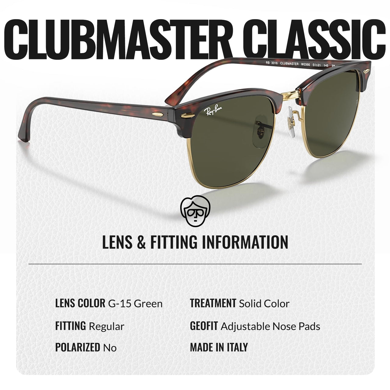 Ray-Ban RB3016 Clubmaster Classic Square Shape Sunglasses With