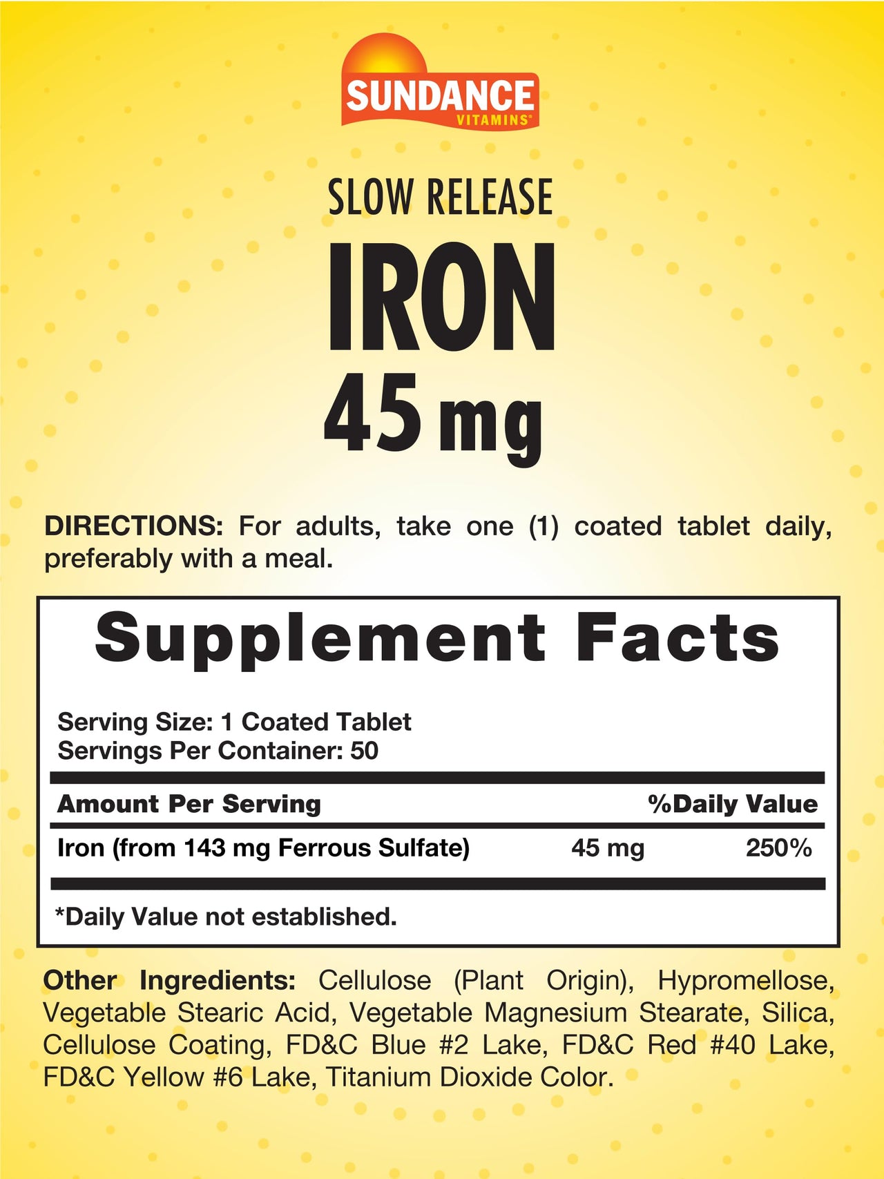 Sundance Iron 45mg Slow Release Pills | 50 Tablets | Essential Mineral Supplement | Vegetarian, Non-GMO, and Gluten Free Formula