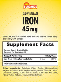 Thumbnail for Sundance Iron 45mg Slow Release Pills | 50 Tablets | Essential Mineral Supplement | Vegetarian, Non-GMO, and Gluten Free Formula