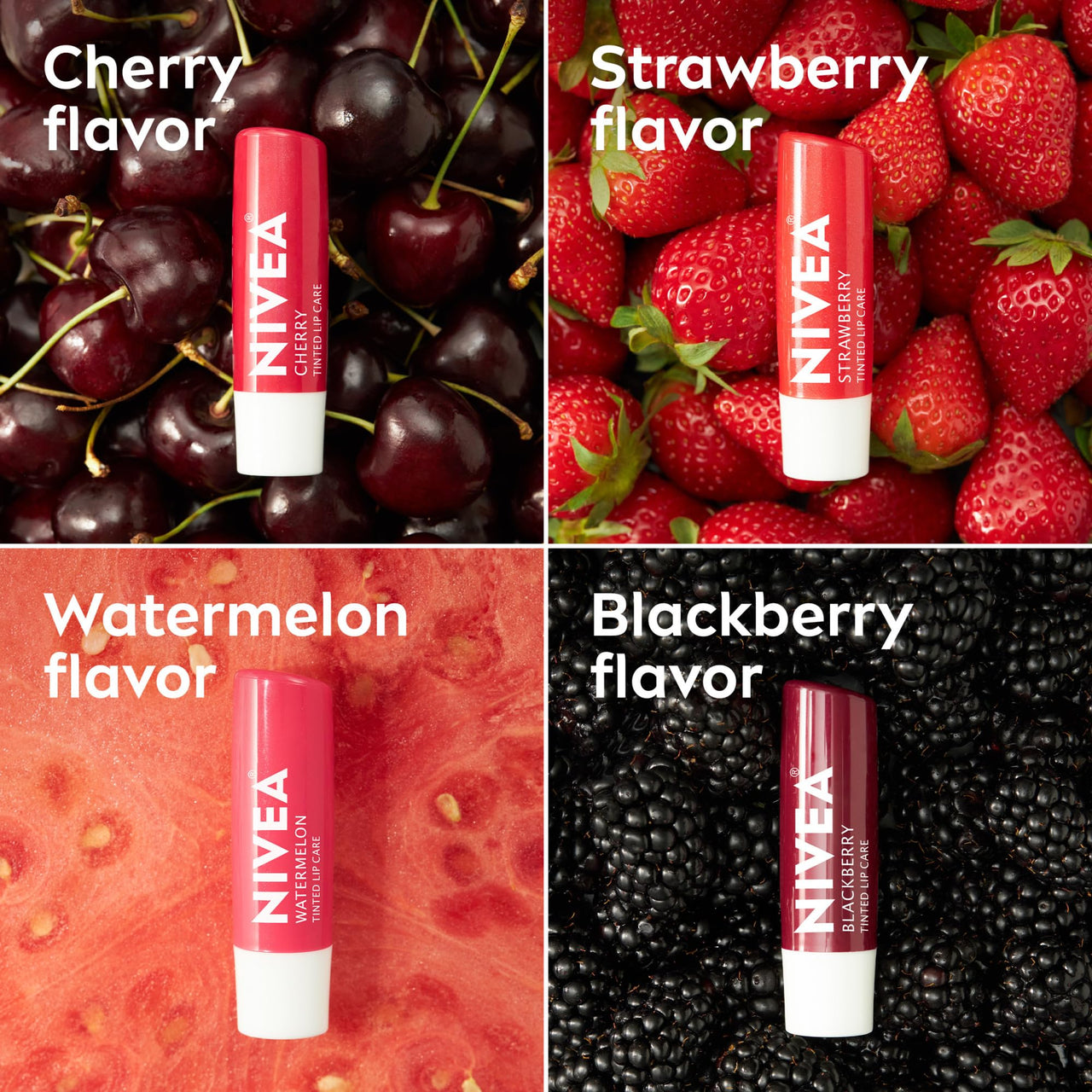 NIVEA Lip Care, Fruity Tinted Lip Balm Variety Pack, Cherry, Strawberry, Blackberry and Watermelon Flavors, 3-in-1 Moisture, Repair and Color, 0.17 Oz Stick, Pack of 4