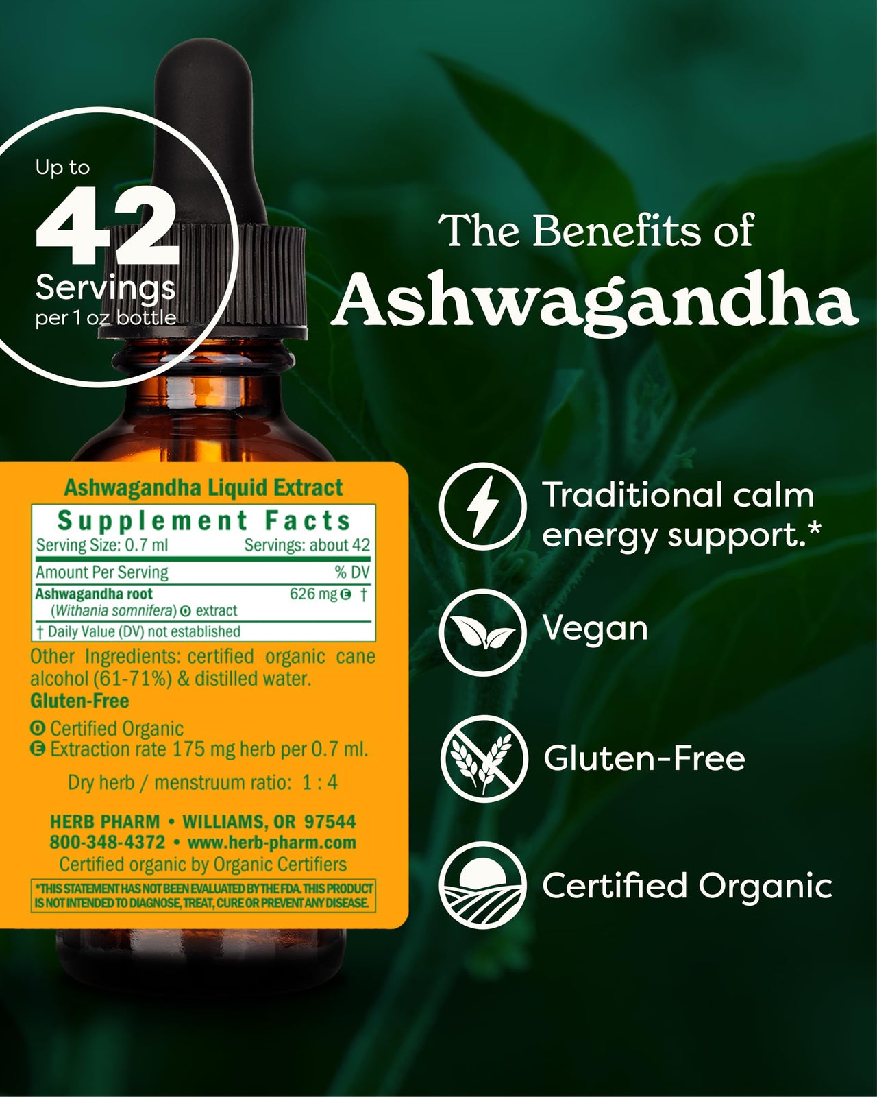 Herb Pharm Certified Organic Ashwagandha Extract for Energy and Vitality, Grain, Organic Cane Alcohol, 1 Ounce