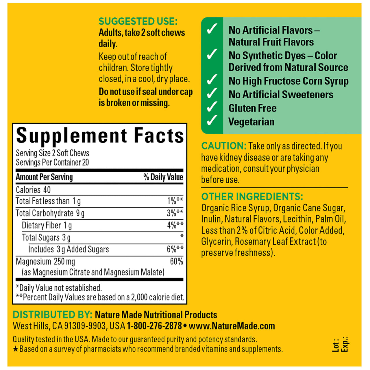 Nature Made High Absorption Magnesium Complex Soft Chews, Magnesium Supplement for Muscle, Heart, Bone Support, Magnesium Citrate & Malate Blend 250 mg per Serving, 40 Vegetarian Chews, 20 Day Supply
