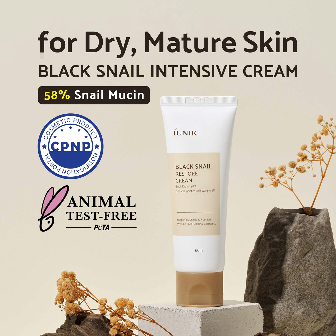 IUNIK Black Snail Restore Cream, 2.02 Fl Oz - 58% Black Snail Mucin Secretion Filtrate Soothing, Reduce & Fine Lines Deeply Nourishing and Moisturizing