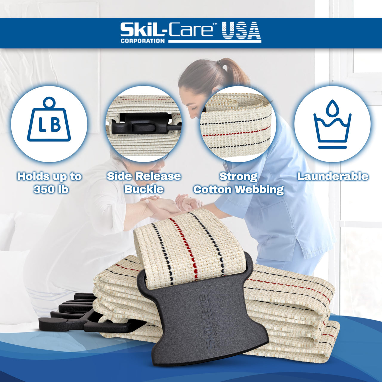 Skil-Care Cotton Gait Belt, Pinstripe Design, Gait Belt for Seniors, 60” L x 2” W, Secure Delrin Buckle, Durable Cotton Webbing Transfer and Physical Therapy Belt, 252050