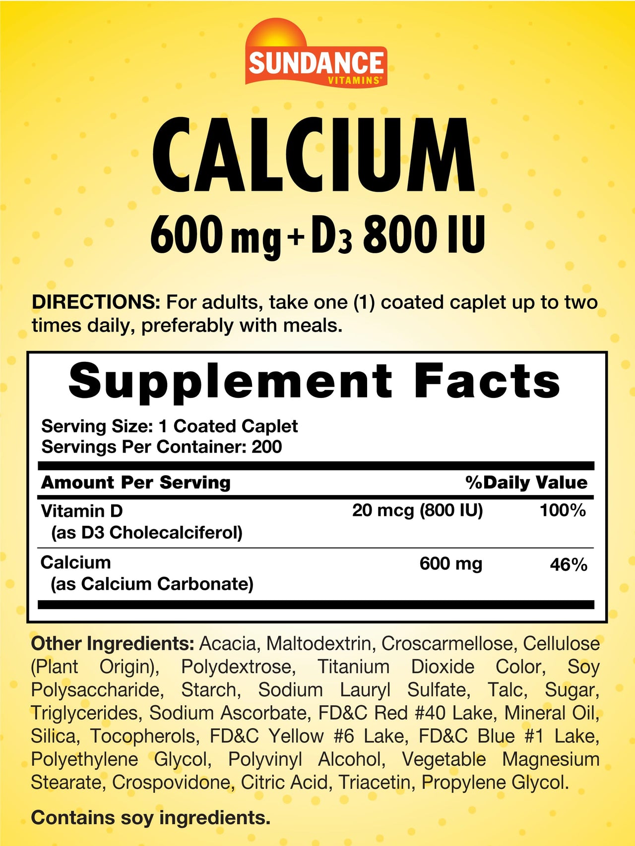 Sundance Calcium with Vitamin D3 | 600mg | 200 Caplets | Vegetarian, Non-GMO, and Gluten Free Supplement