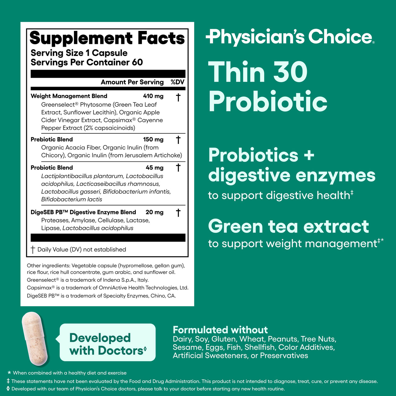 Physician's CHOICE - Beat Bloat + Support Weight Management Bundle: Digestive Enzymes 180ct + Thin-30 Probiotic 60ct - Value Pack