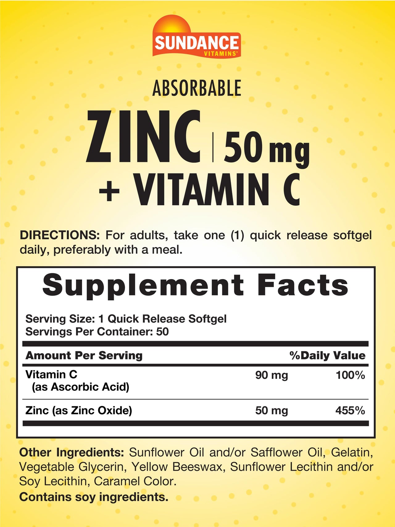 Sundance Absorbable Zinc with Vitamin C | 50mg | 50 Softgels | Essential Nutrients | Non-GMO and Gluten Free Supplement