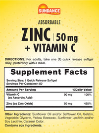 Thumbnail for Sundance Absorbable Zinc with Vitamin C | 50mg | 50 Softgels | Essential Nutrients | Non-GMO and Gluten Free Supplement
