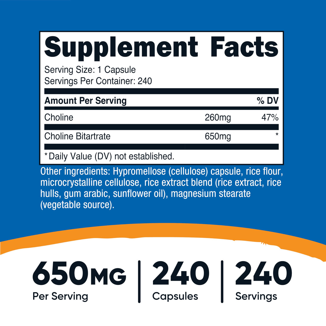 Nutricost Choline Bitartrate 650mg, 240 Vegetarian Capsules - Non-GMO, Vegetarian Friendly, Gluten Free