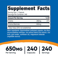 Thumbnail for Nutricost Choline Bitartrate 650mg, 240 Vegetarian Capsules - Non-GMO, Vegetarian Friendly, Gluten Free