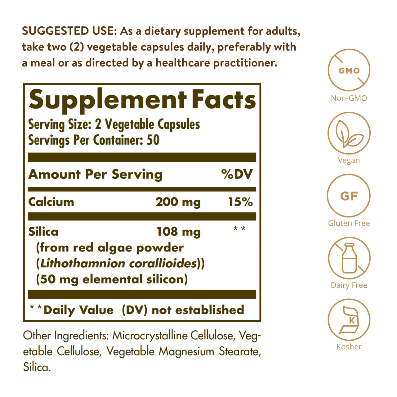 Solgar Oceanic Silica from Red Algae 25 mg,100 Vegetable Capsules - Excellent Source of Calcium,Supports Bone Health - Non-GMO,Vegan,Gluten Free,Dairy Free,Kosher - 50 Servings,(Pack of 2)