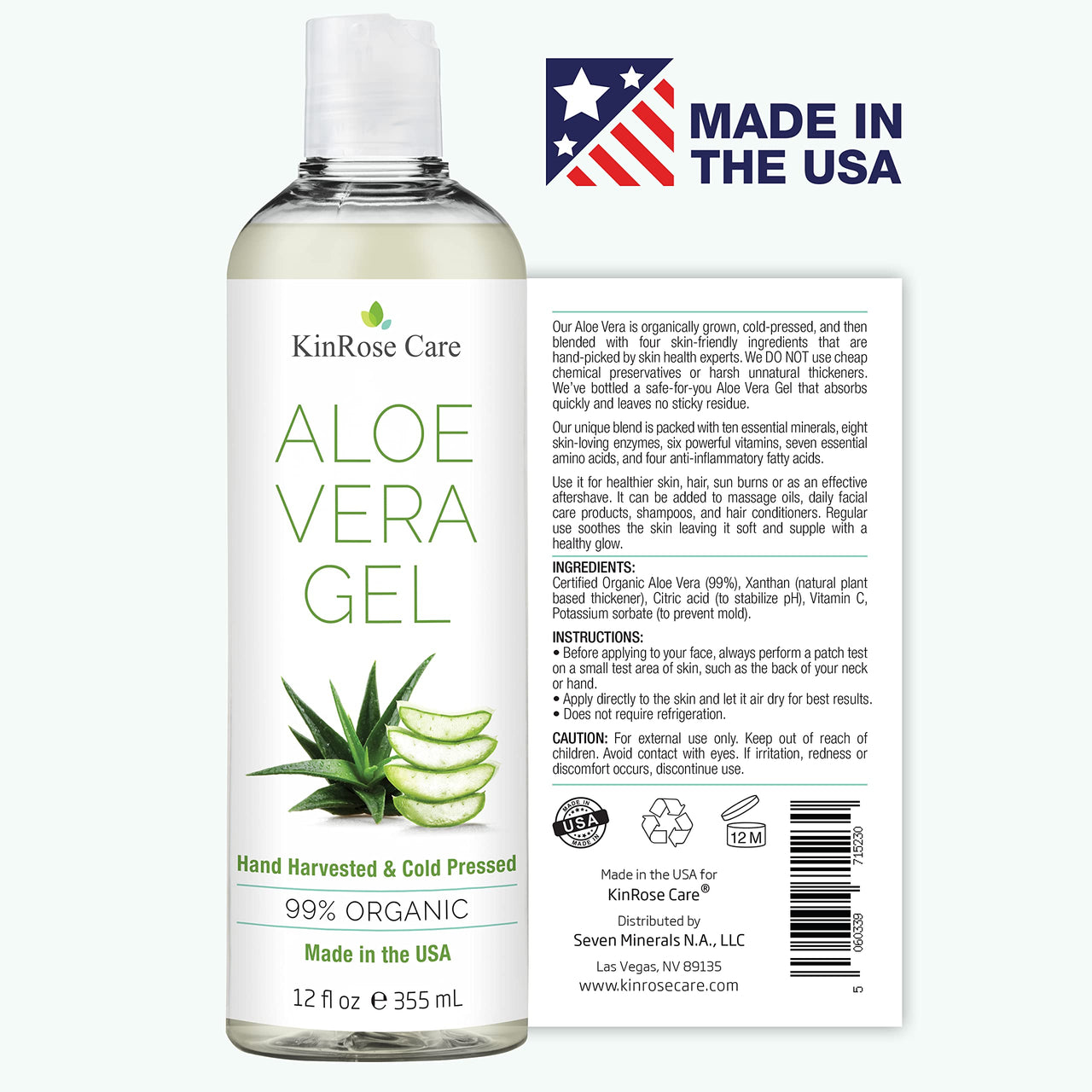KinRose Care, 12oz Organic Aloe Vera Gel for Face, Skin, Hair & Sunburn Relief - From 100 Percent Pure Aloe Vera - Cold Pressed, Vegan, Unscented - Made in USA.